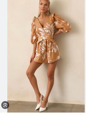 Prosperina Atlantana Tan Floral Wrap Romper Shorts